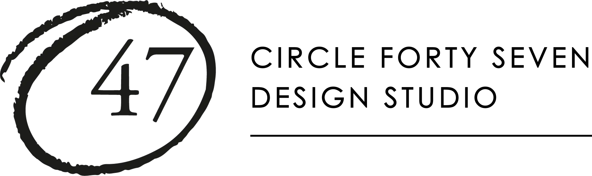 Circle 47 Logo for Circle Forty Seven Design Studio featuring the number 47 inside a rough black circle, with the studio name in uppercase text to the right. Design Studio
